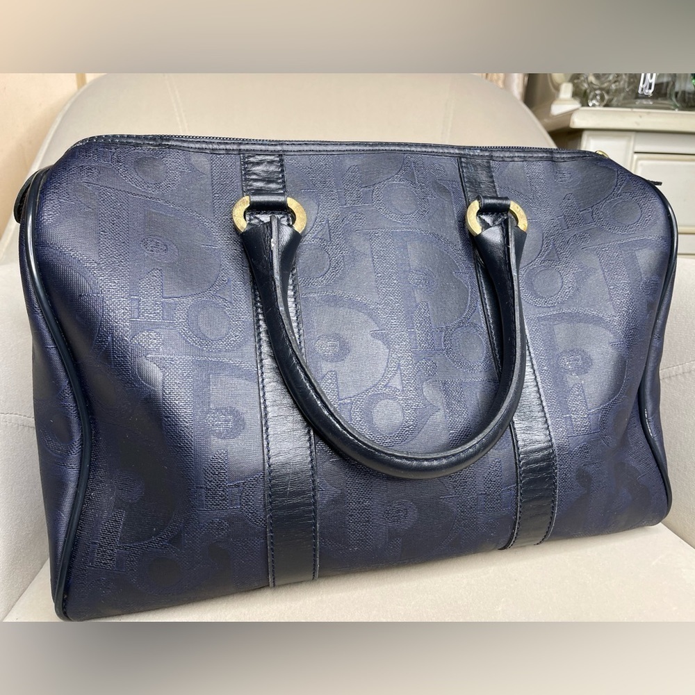 Vintage Christian Dior Coated Canvas Boston Bag Diorissimo PVC Leather Navy Gold - Picture 4 of 11